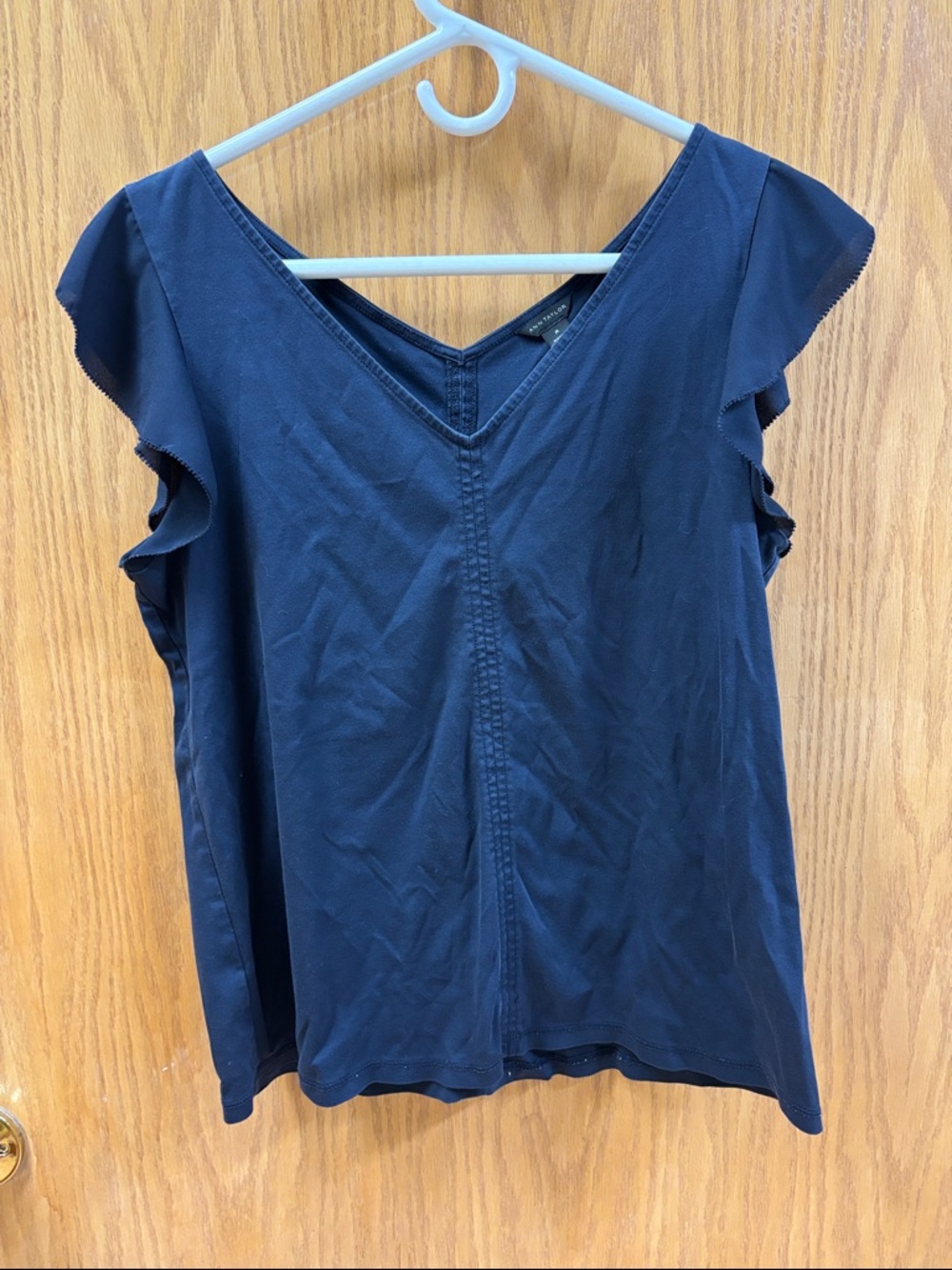 Ann Taylor Navy V-Neck Ruffle Sleeve Tank